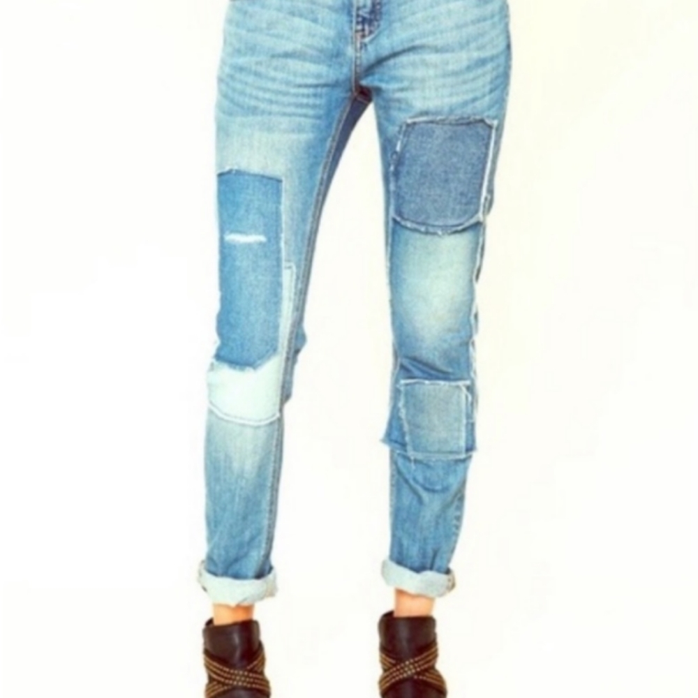 Free People Distressed Patchwork Girlfriend Jeans